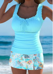 Cyan swimwear,Plants swimwear,ROTITA Cyan Tropical Plants Print Mid Waisted Tankini Set