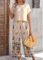 Beige jumpsuits&rompers,Plants jumpsuits&rompers,ROTITA Fruit Printing Beige Ankle Length Straight Leg Top