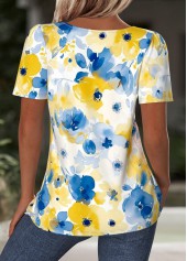Blue tops,Floral tops,Plants tops,ROTITA Floral Print Blue Square Neck Short Sleeve T Shirt