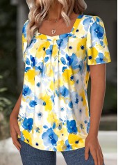 Blue tops,Floral tops,Plants tops,ROTITA Floral Print Blue Square Neck Short Sleeve T Shirt
