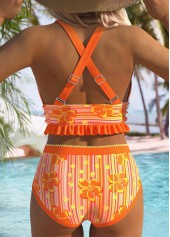 Orange swimwear,Floral swimwear,Plants swimwear,ROTITA Orange Floral Print Mid Waisted Bikini Set