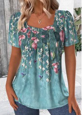 T-shirt à manches courtes et col carré vert à imprimé floral Rotita