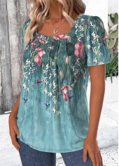 Green tops,Floral tops,Plants tops,ROTITA Floral Print Green Square Neck Short Sleeve T Shirt