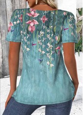 Green tops,Floral tops,Plants tops,ROTITA Floral Print Green Square Neck Short Sleeve T Shirt