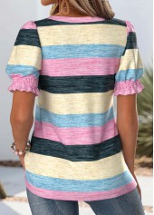 Multi Color tops,Striped tops,Geometric tops,ROTITA Striped Multi Color Square Neck Short Sleeve T Shirt