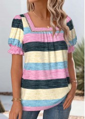 Multi Color tops,Striped tops,Geometric tops,ROTITA Striped Multi Color Square Neck Short Sleeve T Shirt