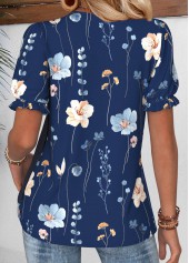 Navy tops,Floral tops,Plants tops,ROTITA Floral Print Navy V Neck Short Sleeve Blouse