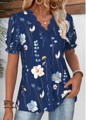 Navy tops,Floral tops,Plants tops,ROTITA Floral Print Navy V Neck Short Sleeve Blouse