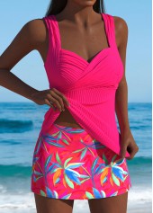 Hot Pink swimwear,Plants swimwear,ROTITA Hot Pink Leaf Print Mid Waisted Tankini Set