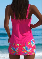 Hot Pink swimwear,Plants swimwear,ROTITA Hot Pink Leaf Print Mid Waisted Tankini Set