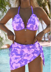 Purple swimwear,Floral swimwear,Plants swimwear,ROTITA Purple Floral Print Mid Waisted Bikini Set