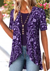 Purple tops,Floral tops,Plants tops,ROTITA Floral Print Purple Short Sleeve Fake Two Piece Twinset