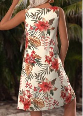 Beige dresses,Floral dresses,Plants dresses,Vacation dresses,Vacation dresses,ROTITA Floral Print Beige Short A Line Round Neck Dress