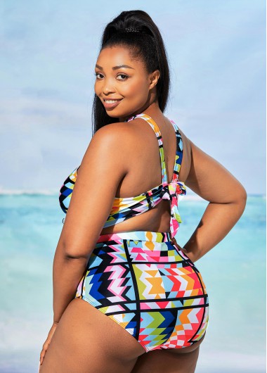 Multi Color plus size,Rainbow Color plus size,Geometric plus size,High Waisted Plus Size Geometric Print Bikini Set