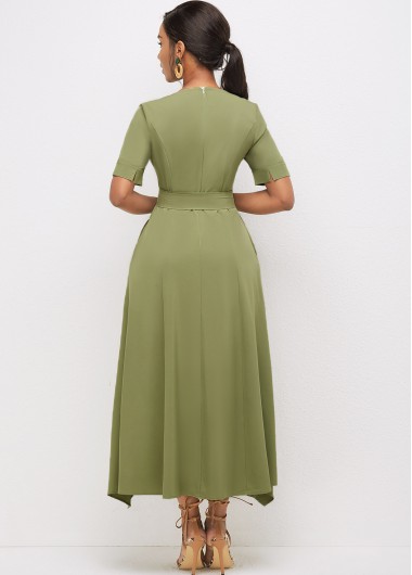 Olive Green dresses,Plain Color dresses,Party dresses,Elegant dresses,ROTITA Asymmetric Hem Round Neck Solid Dress