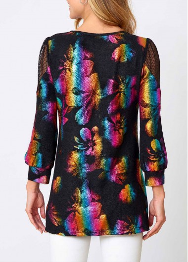 Multi Color tops,Rainbow Color tops,Floral tops,ROTITA Colorful Fishnet Panel Round Neck Sweatshirt