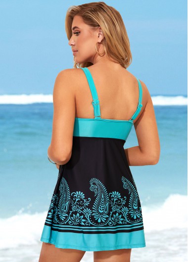 Cyan swimwear,Paisley swimwear,ROTITA Cyan Wide Strap Paisley Print Swimdress Top
