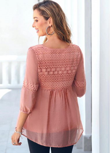 Orange tops,Plain Color tops,ROTITA Tie Front Lace Stitching Coral Orange Blouse