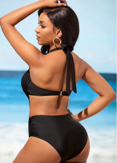 Black swimwear,Plain Color swimwear,ROTITA Lace Stitching Tie Back Black One Piece Swimwear