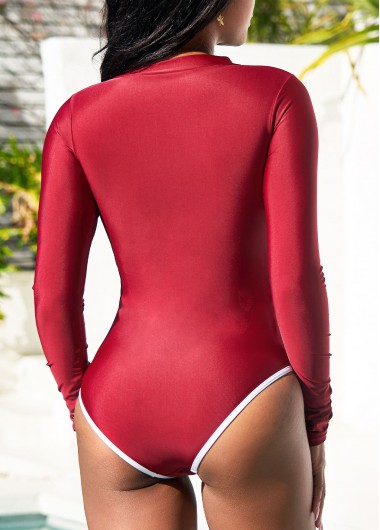 Wine Red swimwear,Contrast Color swimwear,ROTITA Wine Red Quarter Zip Long Sleeve One Piece Swimwear