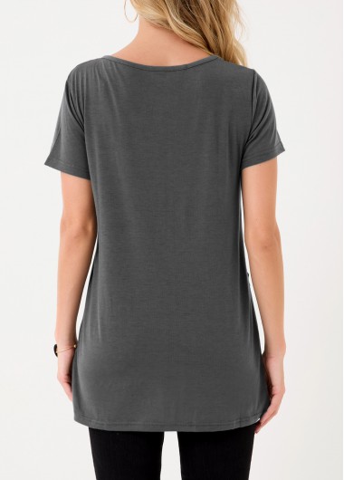 Dark Grey tops,Plain Color tops,Dark Grey Asymmetric Hem Decorative Button T Shirt