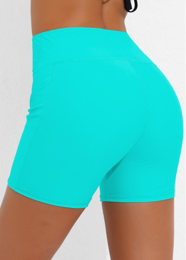 Cyan swimwear,Plain Color swimwear,ROTITA High Waisted Cyan Double Side Pockets Swim Shorts