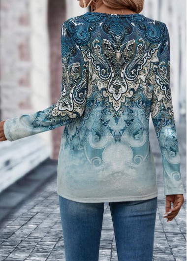 Dusty Blue tops,Tribal tops,ROTITA Button Tribal Print Dusty Blue T Shirt