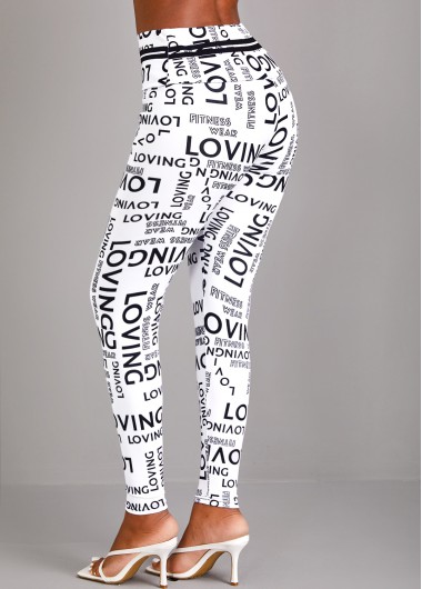 White bottoms,Letter bottoms,Letter Print White High Waisted Elastic Waist Leggings