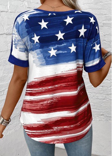 Dark Blue tops,Flag tops,Ombre tops,ROTITA Flag Print Dark Blue Split Neck Blouse