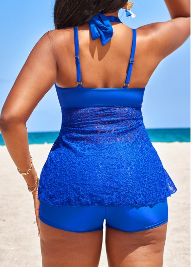 Royal Blue swimwear,Plain Color swimwear,ROTITA Lace Royal Blue High Waisted Tankini Set