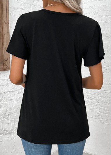 Black tops,Plain Color tops,ROTITA Button Black Round Neck Short Sleeve T Shirt