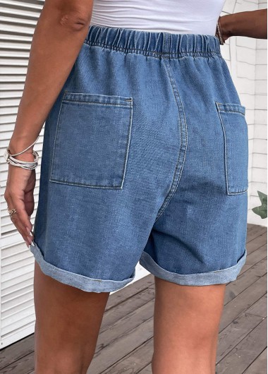 Denim Blue bottoms,Plain Color bottoms,Pocket Drawastring High Waisted Denim Shorts