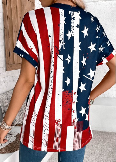 Multi Color tops,Flag tops,ROTITA Button American Flag Print Multi Color T Shirt