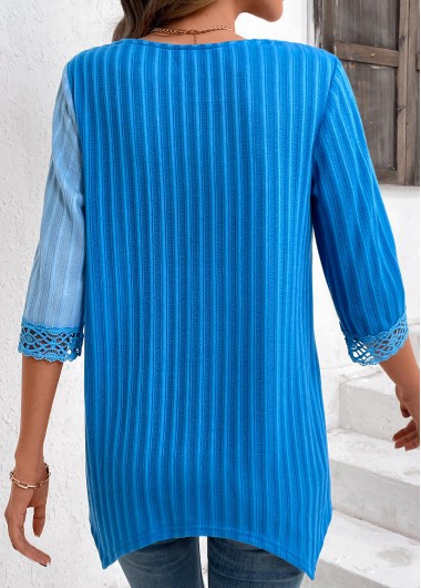 Sky Blue tops,Light Blue tops,Contrast Color tops,ROTITA Lace Patchwork Sky Blue V Neck Blouse
