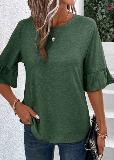 Green tops,Plain Color tops,Button Green Round Neck Half Sleeve T Shirt