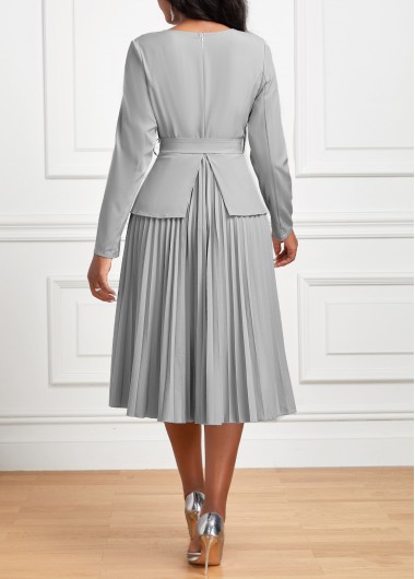 Grey dresses,Plain Color dresses,Wear to Work dresses,Work dresses,ROTITA Pleated Grey Belted Asymmetrical Neck Long Sleeve Dress