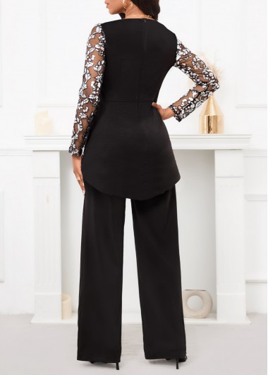 Black jumpsuits&rompers,Contrast Color jumpsuits&rompers,ROTITA Embroidery Black Long Straight Leg TOP  and Pants