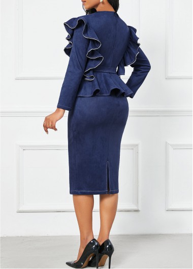Navy dresses,Plain Color dresses,Party dresses,Elegant dresses,ROTITA Ruffle Navy Belted Lapel Long Sleeve Dress
