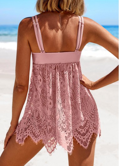 Pink swimwear,Plain Color swimwear,ROTITA Lace Pink Mid Waisted Tankini Set