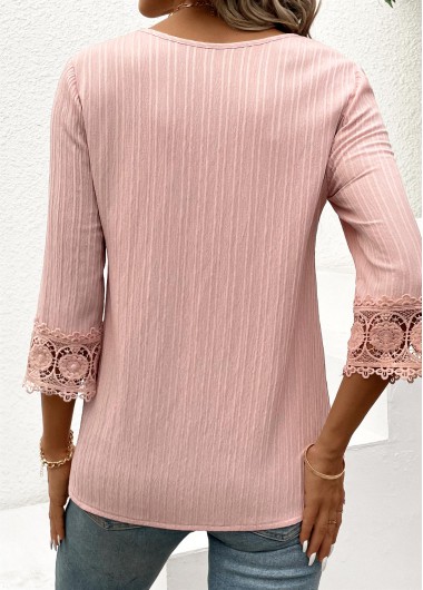Light Pink tops,Plain Color tops,ROTITA Lace Light Pink V Neck 3/4 Sleeve Blouse
