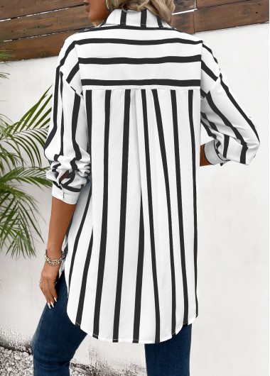 Black tops,Striped tops,Geometric tops,ROTITA Pocket Striped Black Shirt Collar Long Sleeve Blouse