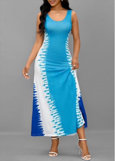 Light Blue dresses,White dresses,Tie Dye dresses,Vacation dresses,Vacation dresses,ROTITA Lace Up Tie Dye Print Light Blue Maxi Dress