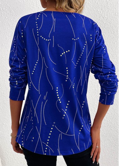 Dark Blue plus size,Geometric plus size,Striped plus size,Dot plus size,ROTITA Plus Size Button Dark Blue Geometric Print T Shirt
