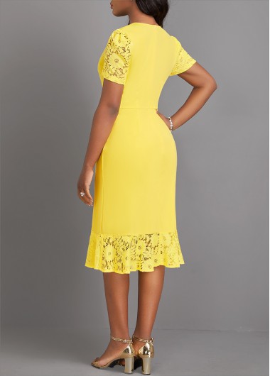 Light Yellow dresses,Plain Color dresses,Party dresses,Elegant dresses,ROTITA Lace Light Yellow V Neck Short Sleeve Dress