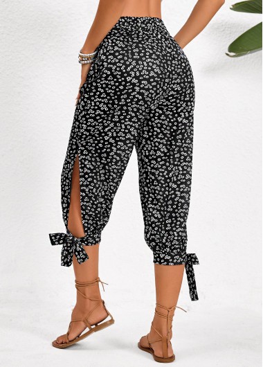 Black bottoms,Ditsy Floral bottoms,Split Ditsy Floral Print Black Jogger Elastic Waist Pants