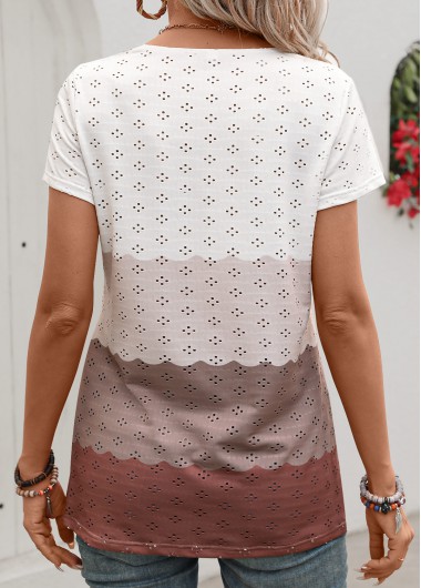 Dark Coffee tops,White tops,Contrast Color tops,ROTITA Patchwork Dark Coffee Round Neck Short Sleeve T Shirt