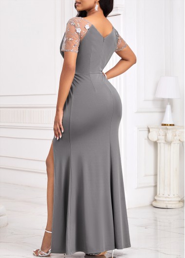 Grey dresses,Plain Color dresses,Party dresses,Elegant dresses,ROTITA Lace Grey V Neck Short Sleeve Bodycon Maxi Dress