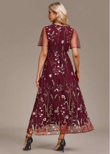 Wine Red dresses,Floral dresses,Party dresses,Elegant dresses,ROTITA Embroidery Wine Red V Neck Short Sleeve Dress