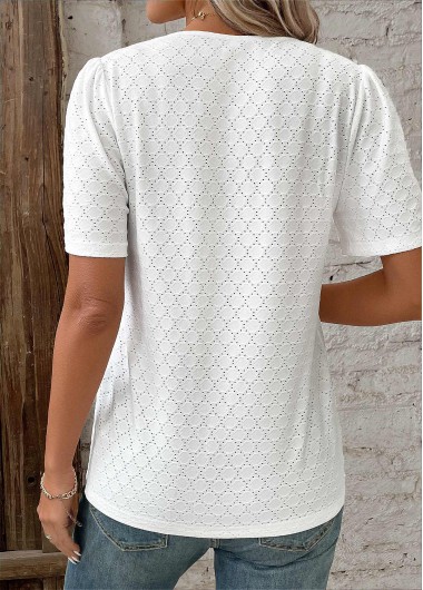 White plus size,Plain Color plus size,ROTITA Patchwork White V Neck Short Sleeve Blouse