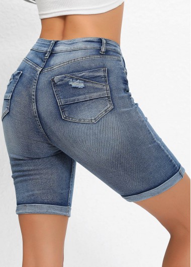 Denim Blue bottoms,Plain Color bottoms,Pocket Denim Blue Skinny Button Fly High Waisted Shorts